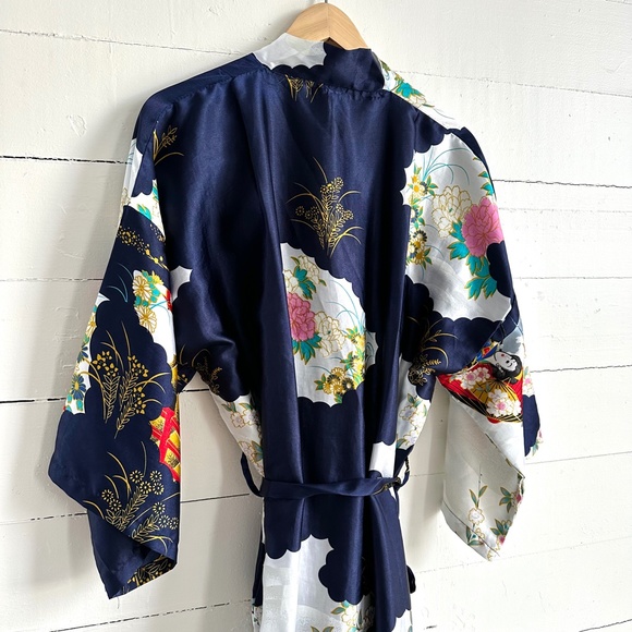 Vintage Robe Long Geisha Kimono Silver Dragon Blue De Oriental Small Medium - Picture 3 of 16